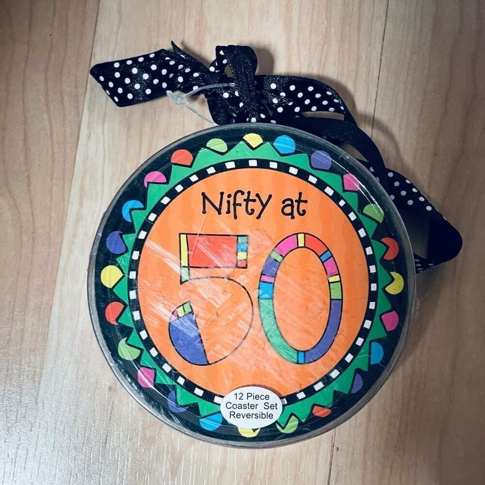 NWT in Package Nifty at 50/ 12 Pc Reversible  Colorful Coaster Set 50th birthday